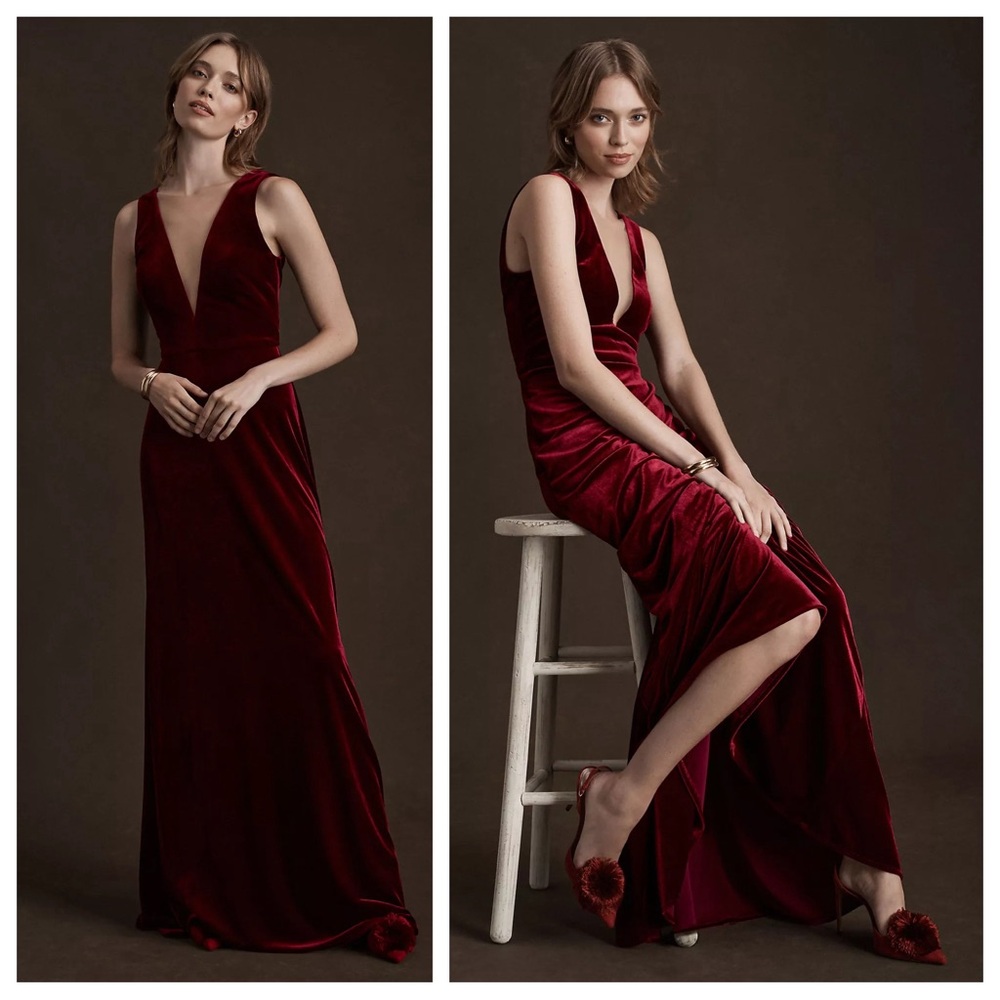 NEW Jenny Yoo Logan Deep-V Velvet Column Gown Dark Berry Red Anthropologie BHLDN